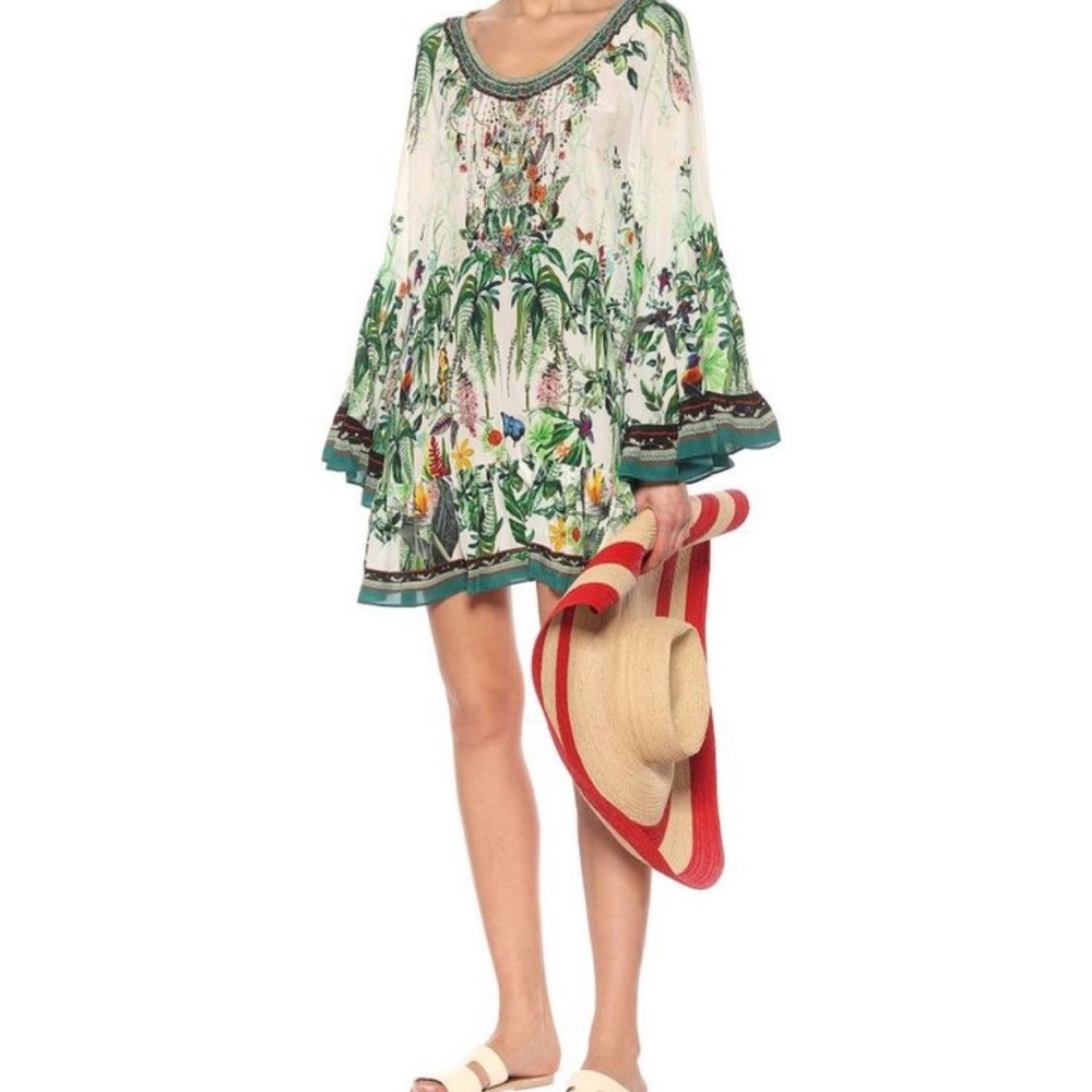 Camilla  Tropical Print Boho Tunic Dress in Cream and Green